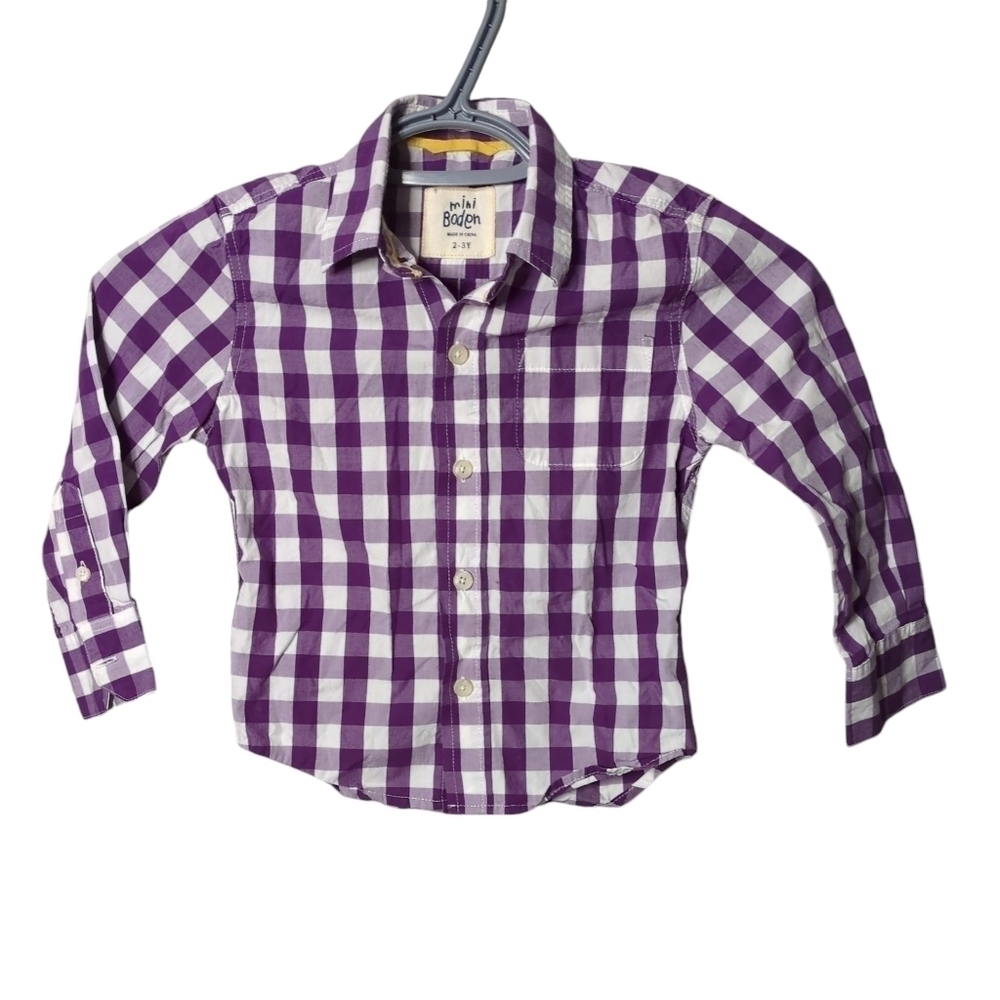 Mini Boden Purple and‎ White Checked Button Down Shirt Size 2-3 Years